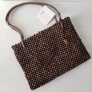 The Sak Y2K Boho Brown Wooden Beaded Purse Handbag Shoulder Bag Zip Up Leather